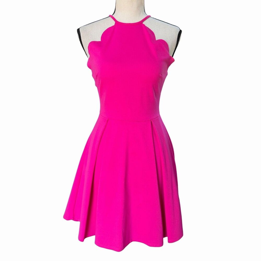 VTG Y2K Charlotte Russe Hot Pink Scallop Halter Fit & Flare Skater Dress S USA
